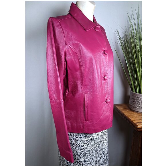 Chadwick's Leather Jacket Pink Magenta Buttons Pockets Lined Size 12 NWOT - Picture 3 of 9